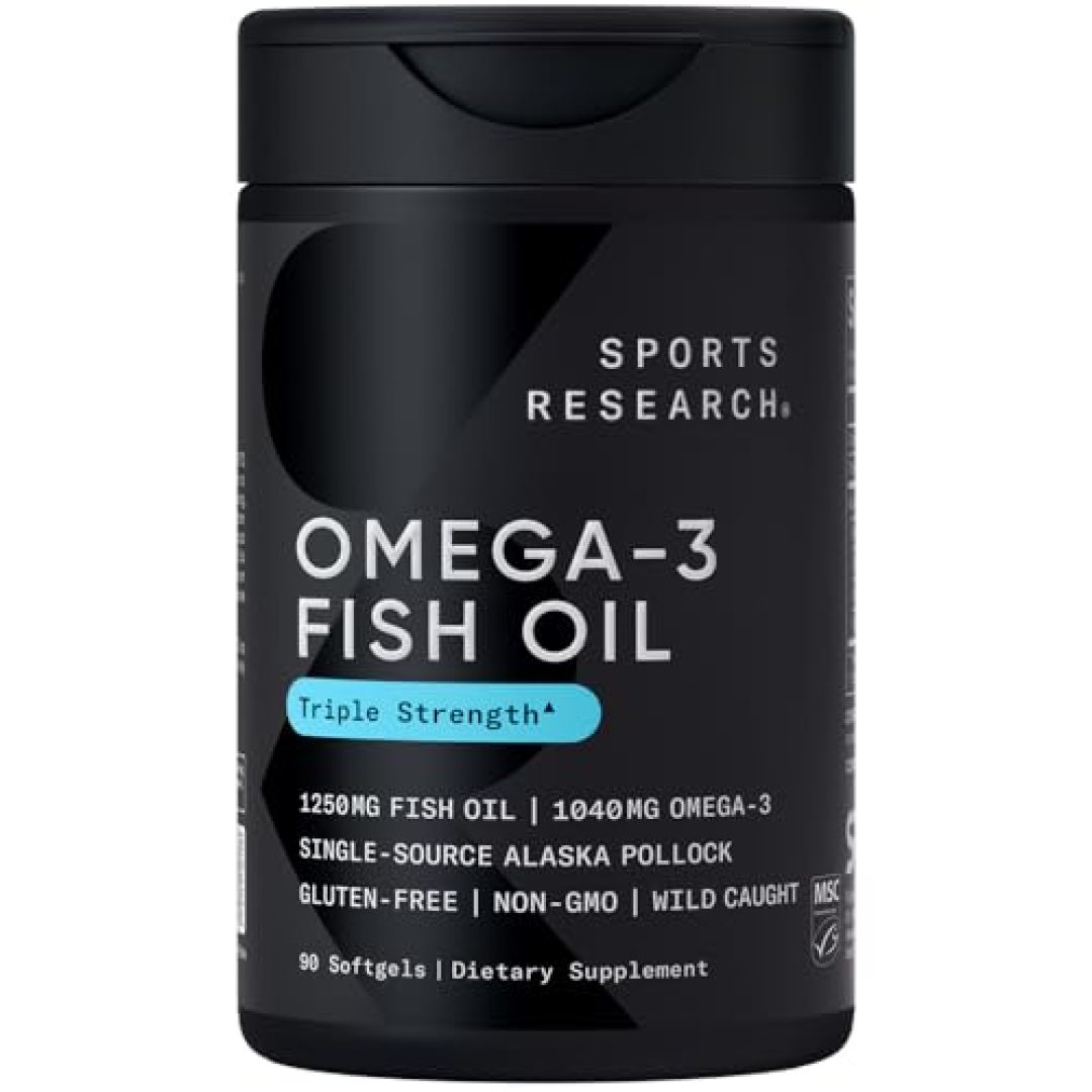Sports Research Triple Strength Omega 3 Fish Oil - Burpless Fish Oil Supplement w/EPA & DHA Fatty Acids from Single-Source Wild Alaskan Pollock - 1250 mg, 90 ct