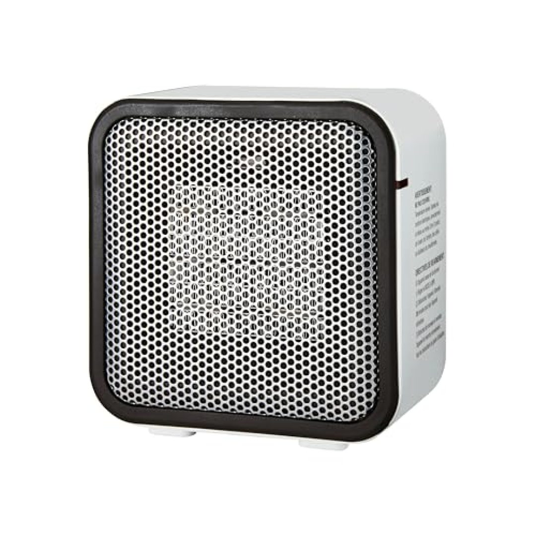 Amazon Basics Ceramic Space Heater, Mini Heater for Office Desk, 500 W, Portable Tent Heater for Camping (Indoor Use), With Tip-Over Protection, Lightweight (1.4 LBS), White, 5.9 x 3.2 x 6 inches