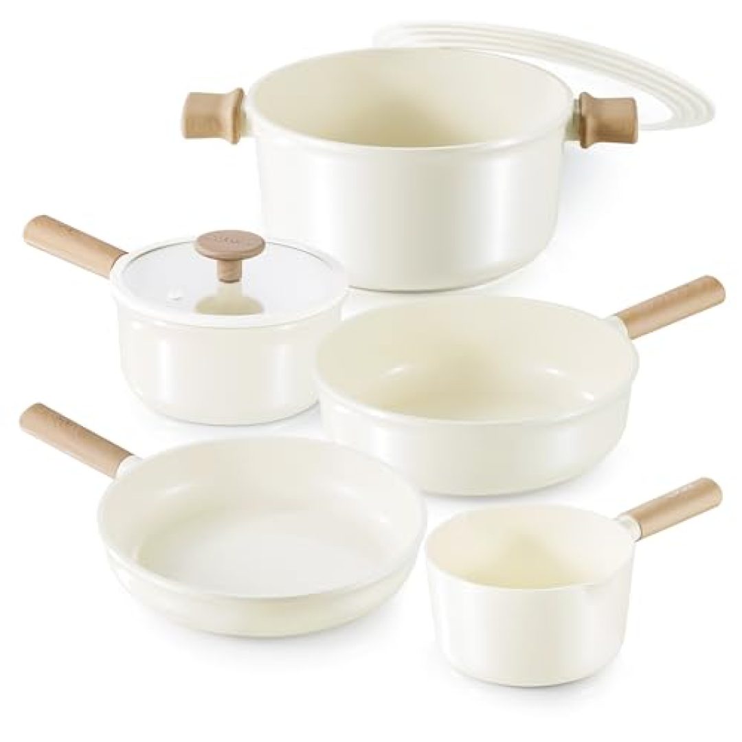 CAROTE Ceramic Pots and Pans Set Non Stick, Non-Toxic Cookwares, Healthy Ceramic Cookware Set 7Pcs,PFAS/PFOA Free,Kitchen Induction Cooking Sets Dishwasher Safe, Cream White