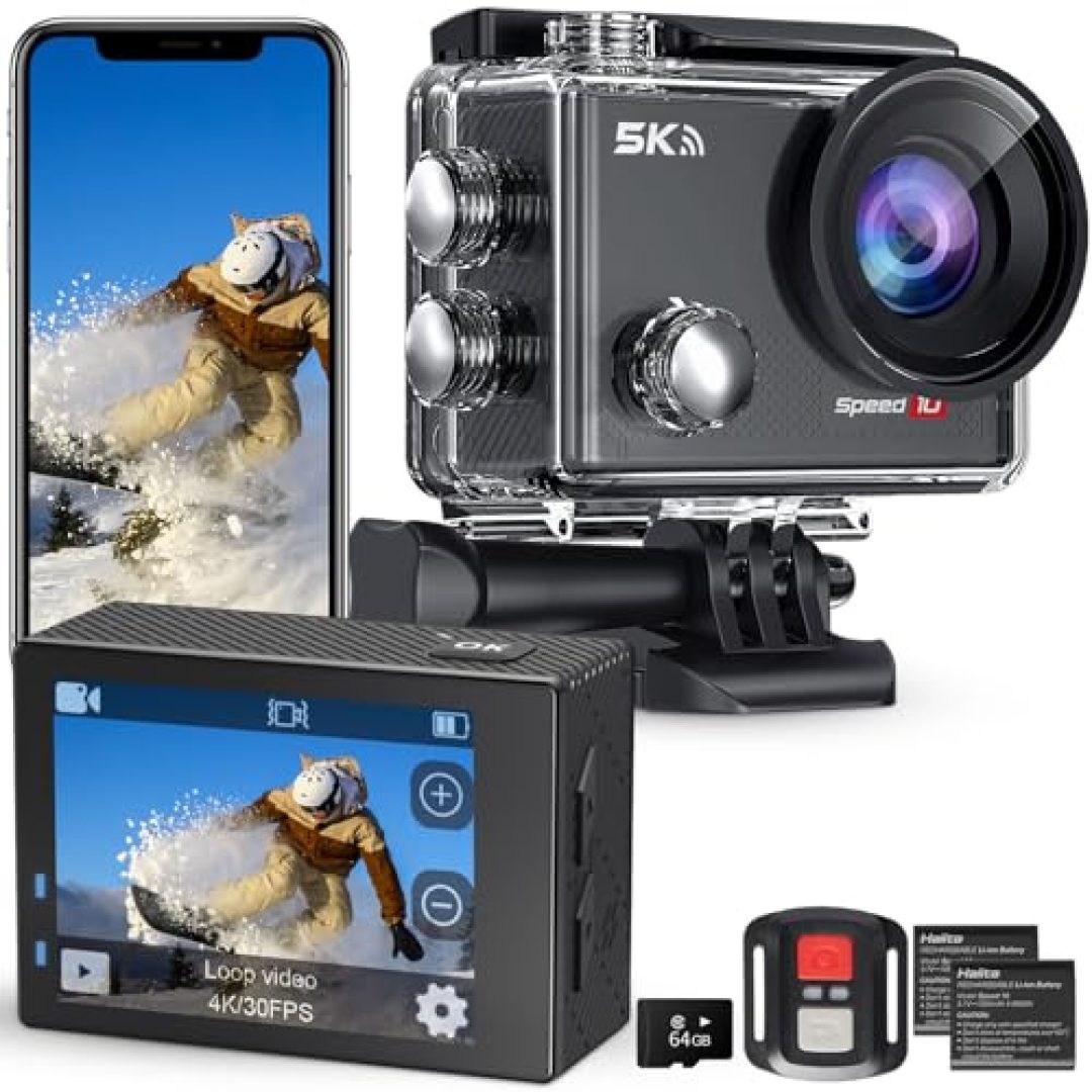 Hiicam Speed 10 Action Camera 5K 30FPS Waterproof Camera Underwater 131 FT with EIS, Remote Control Sports Camera 5X Zoom with 64GB Card, 2x1350mAh Battery